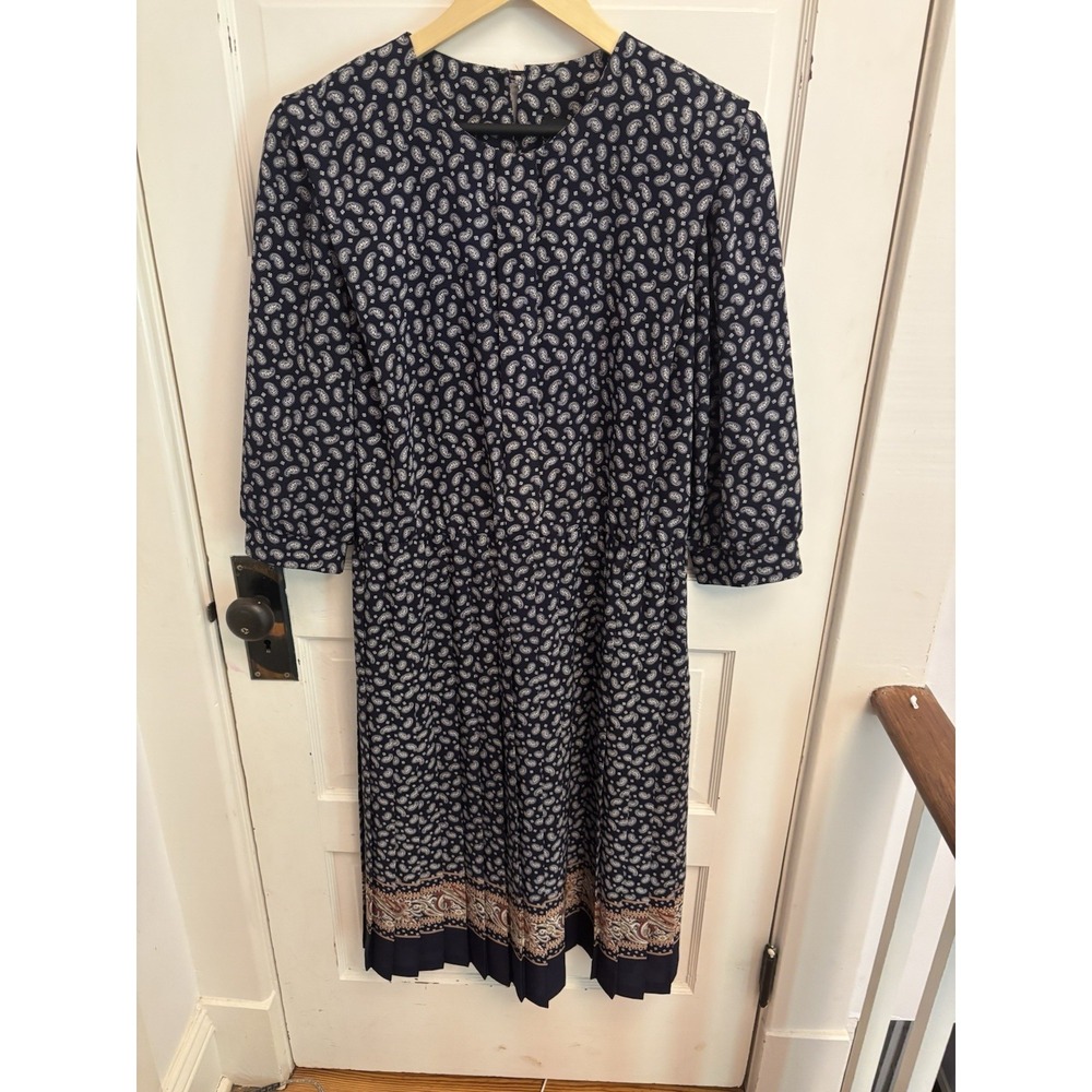 Breli Originals Vintage 80s Navy Paisley‎ Midi Dress 3/4 Sleeves Size 14